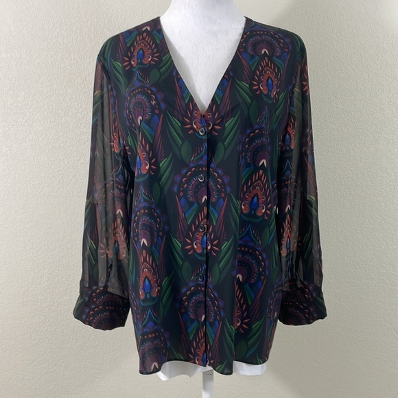 Alice + Olivia button front v neck peacock print long sleeve blouse size medium - Picture 1 of 10